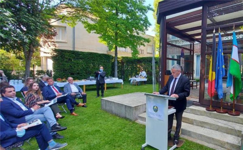 Uzbekistan’s Ambassador to the European Union Dilyor Khakimov addresses a reception event “Uzbekistan and its international partners: Thirty years of independent statehood, energy cooperation and openness towards reform and investment,” Brussels, Belgium, June 10, 2021. EMBASSY OF