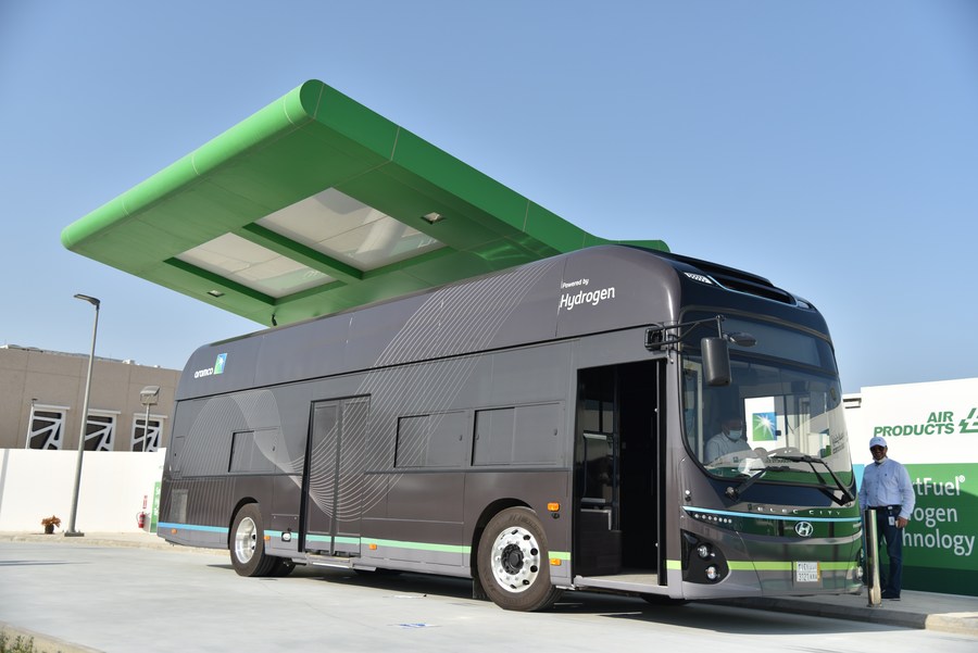 A hydrogen powered Hyundai bus is refueling at the first hydrogen fueling station in Dhahran, Saudi Arabia, on June 27, 2021. (Photo by Wang Haizhou/Xinhua)