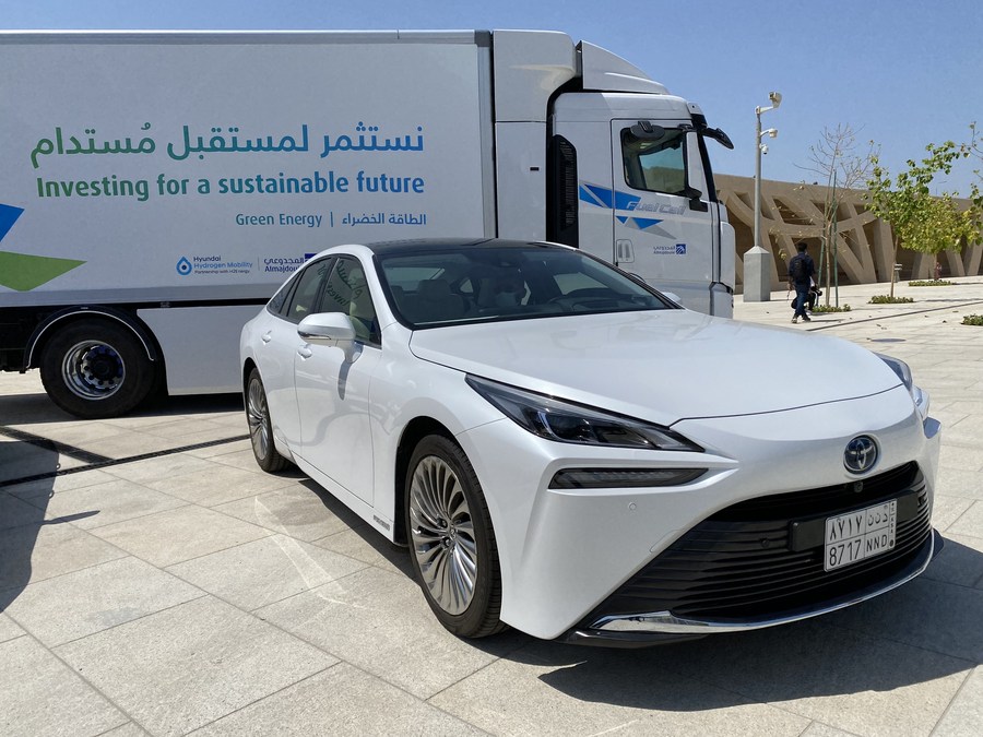 Photo taken on June 27, 2021 shows a hydrogen powered Toyota sample car exhibited at the King Abdulaziz Center for World Culture in Dhahran, Saudi Arabia. (Photo by Wang Haizhou/Xinhua)