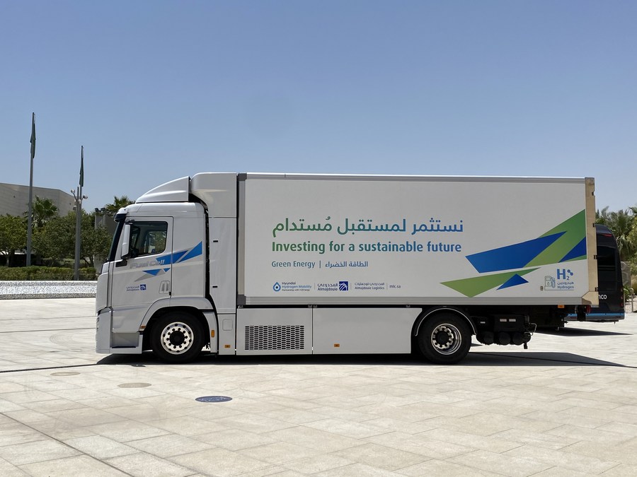 Photo taken on June 27, 2021 shows a hydrogen mobility fuel cell sample truck exhibited at the King Abdulaziz Center for World Culture in Dhahran, Saudi Arabia. (Photo by Wang Haizhou/Xinhua)