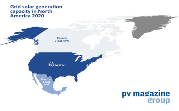 With the NARIS study working from a baseline 2 GW of grid connected solar in Canada, the nation had already hit almost 3.33 GW by the end of 2020, according to the International Renewable Energy Agency.  Graphic created by Max Hall, using content from freevectormaps.com, for pv magazine