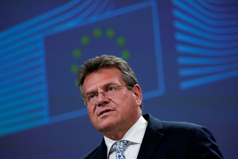 European Commissioner for Inter-institutional Relations and Foresight Maros Sefcovic speaks during a news conference on Brexit at the EU headquarters in Brussels, Belgium, June 30, 2021. Francisco Seco/Pool via REUTERS/File Photo