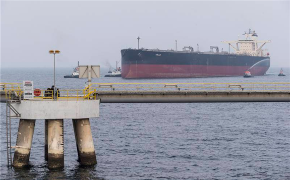  VLCC or Very Large Crude Carrier docks at the Fujairah Oil Tanker Terminal VLCC Birth 1 jetty in the Port of Fujairah. Opec+ has begun to taper a historic production restriction pact and plans to bring 2 million bpd back to the markets by the end of the year. Antonie Robertson/The National