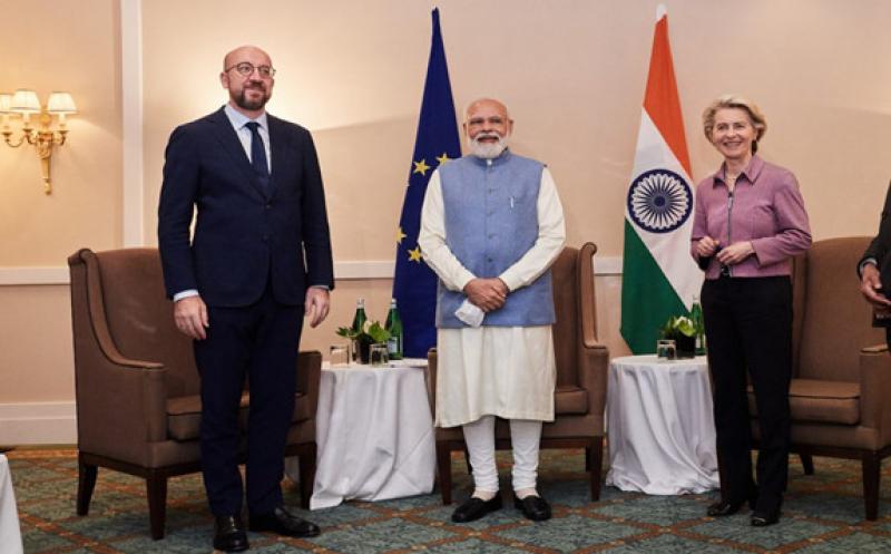 European Commission President Ursula von der Leyen, India’s Prime Minsiter Narendra Modi and European Council President Charles Michel at the G20 summit in Rome, Italy October 29, 2021.