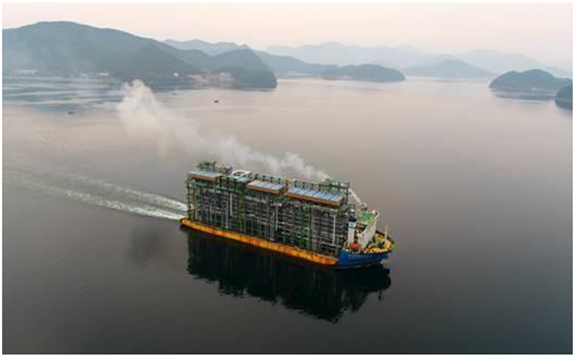 A ship carrying the first batch of modules for the Dos Bocas New Refinery (DBNR) project in Mexico leaves Goseong, South Gyeongsang Province on Nov. 5.