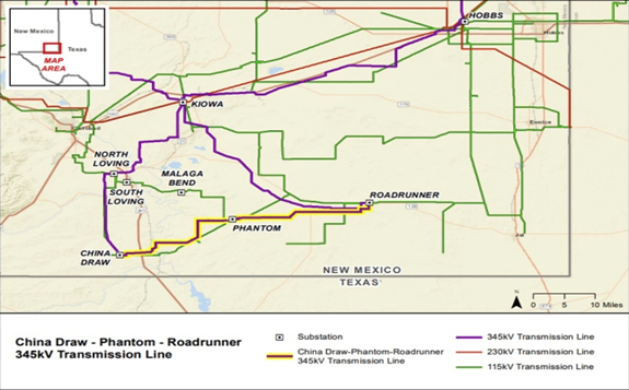 Map image of the China Draw-Phantom-Roadrunner 345-kilovolt electric transmission line in Southeastern New Mexico. (Photo provided as part of a press release from Xcel Energy)