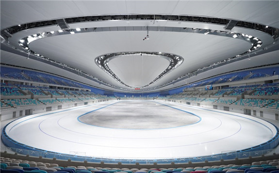 Photo taken on Jan. 22, 2021 shows the interior view of the National Speed Skating Oval in Beijing, capital of China. (Xinhua/Ju Huanzong)