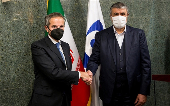 International Atomic Energy Agency (IAEA) Director General Rafael Grossi and Head of Iran's Atomic Energy Organization Mohammad Eslami shake hands as they meet in Tehran, Iran, Nov 23, 2021. [Photo/Agencies]